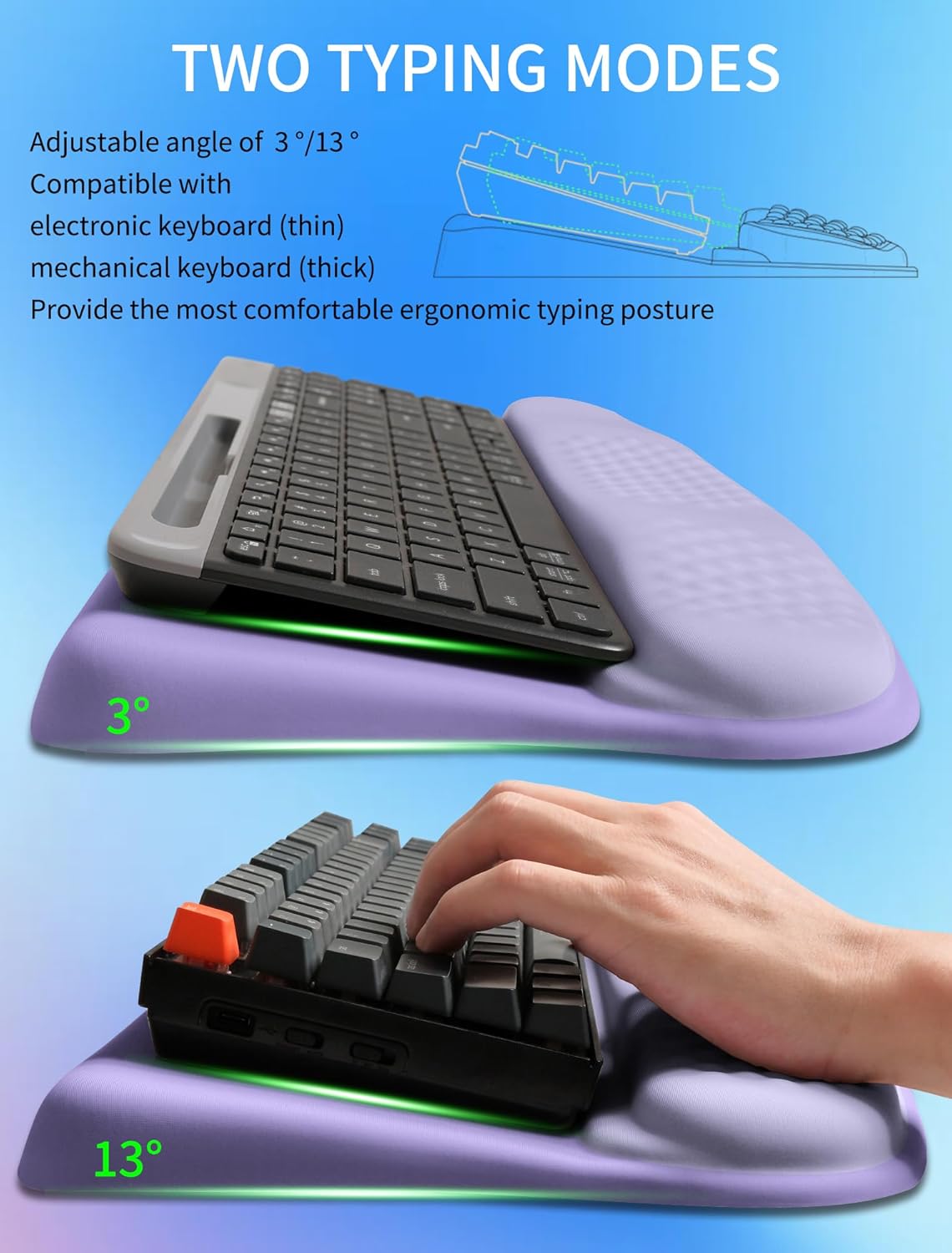 Ergonomic Wave Wrist Rest with Keyboard Stand, Cushioned Palm Rest, Comfortable Integrated Memory Foam for Natural Typing and Relieve Wrist Pain, Purple Romance