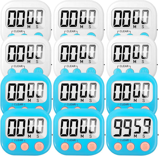 12 Pack Digital Kitchen Timer Small Classroom Timers for Kids Teachers (Blue&White)