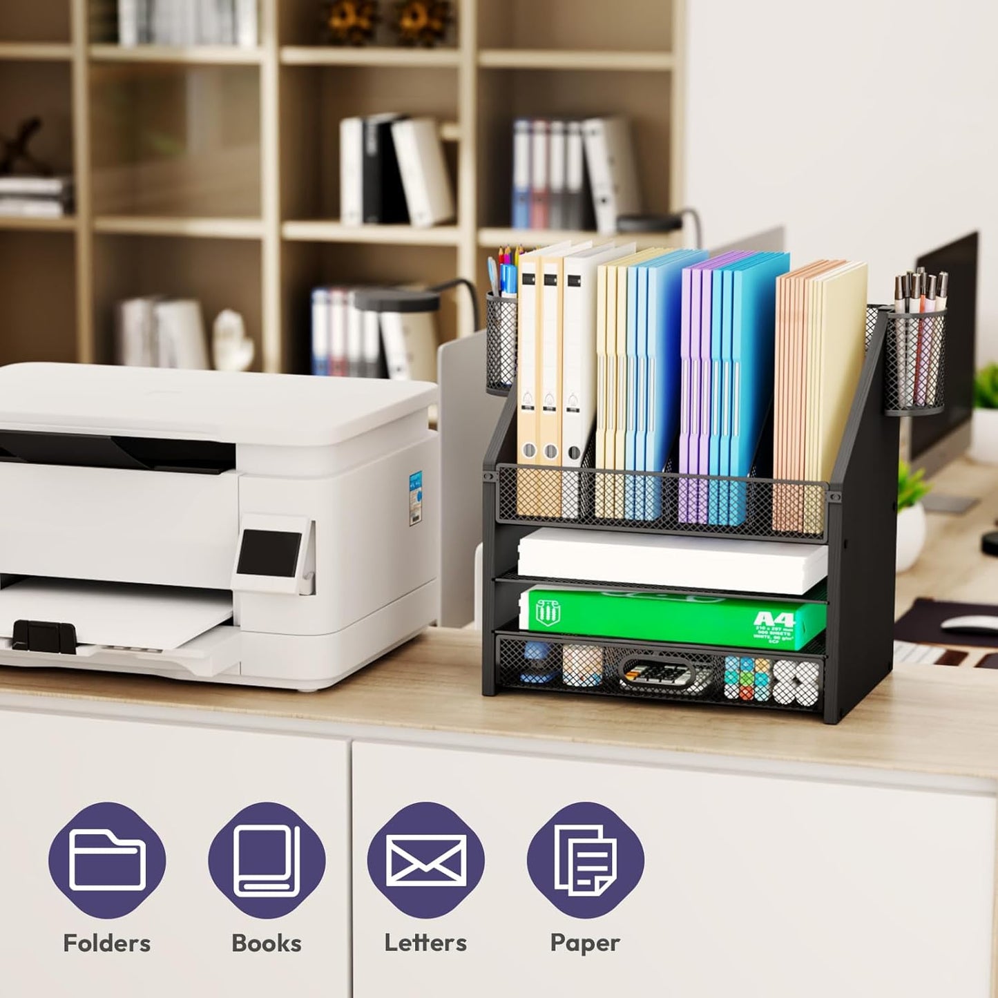 SWTYMIKI Desk Organizer with Drawers - Mesh and Wood Desk File Organizer with Pen Holders, 4-Tier Paper Organizer for Office Organizer and Accessorie, School and Home Storage, Black