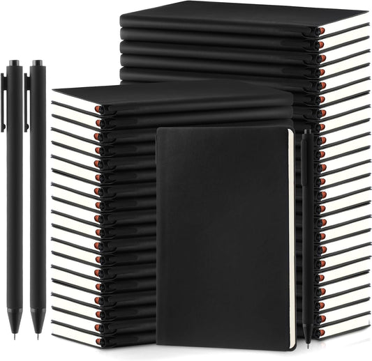 Jetec 30 Pack Notebooks Journals with 30 Pens, Bulk A5 Softcover Leather Notepad Journal with Pen for School Business Work Writing, 200 Pages(Black, Solid)