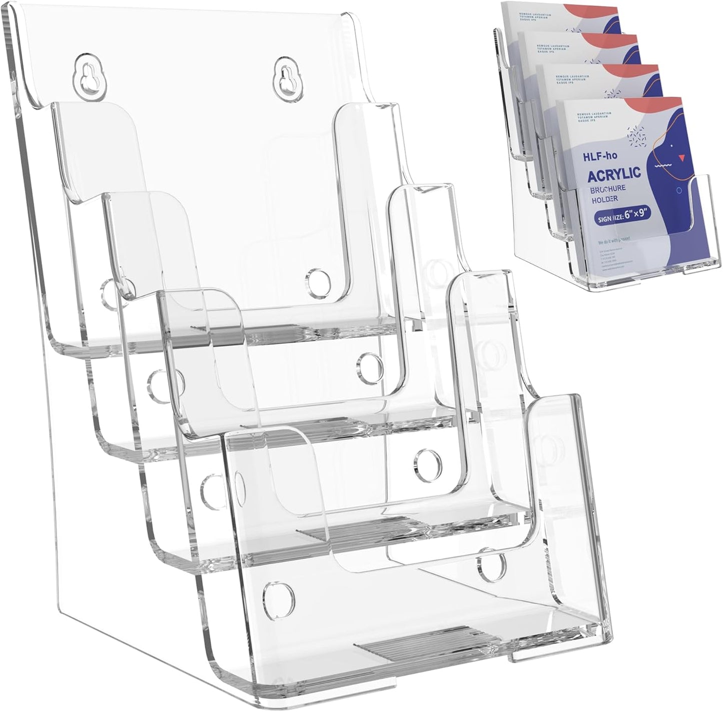 Brochure Holder 6x9 Inch 4 Tier Acrylic Literature Holders Clear Plastic Flyer Display Stand Countertop Use or Wall Mount Pamphlet Holder Organizer for Office, Lobby, Hotel, Trade Show, 1 Pack