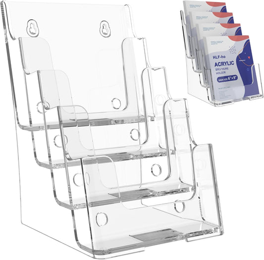 Brochure Holder 6x9 Inch 4 Tier Acrylic Literature Holders Clear Plastic Flyer Display Stand Countertop Use or Wall Mount Pamphlet Holder Organizer for Office, Lobby, Hotel, Trade Show, 1 Pack