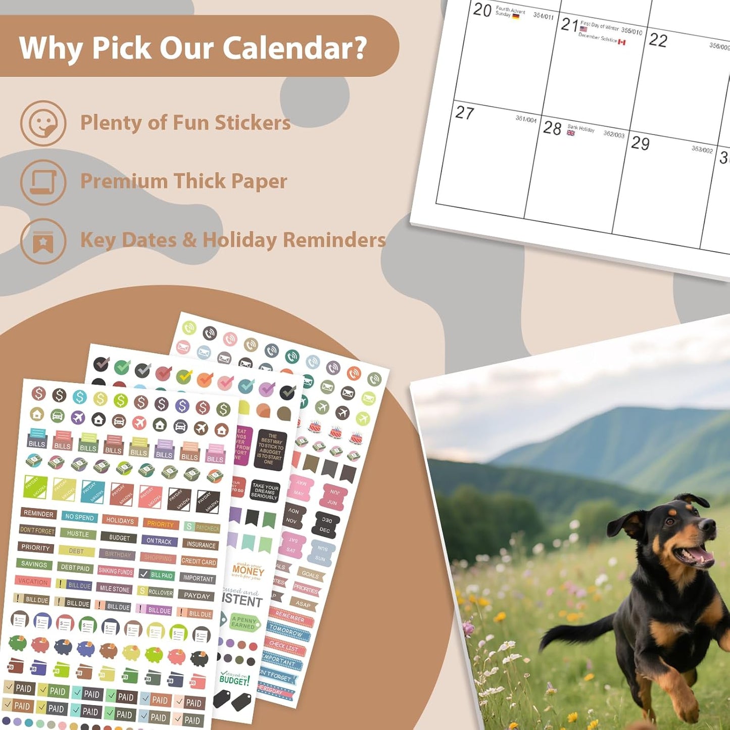 2026 Wall Calendar, Large Monthly Wall Calendar Dogs, Jan 2026 - Dec 2026, 12" x 24" (Opened), Hanging Planning Calendars for Family Home Office Supplies