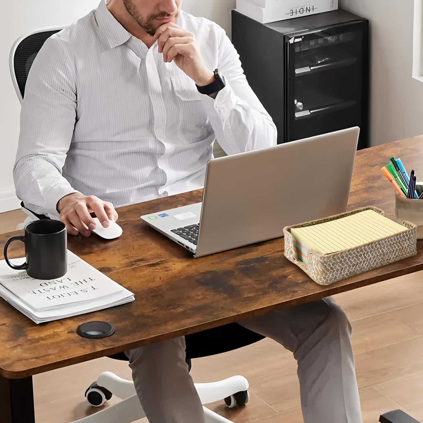 4 x 6 Inch Sticky Note Holder,Seagrass Post It Note Dispenser,Woven Sticky Note Dispenser,Farmhouse Style Post It Holder for Home Office Desk Decor,Whitewash