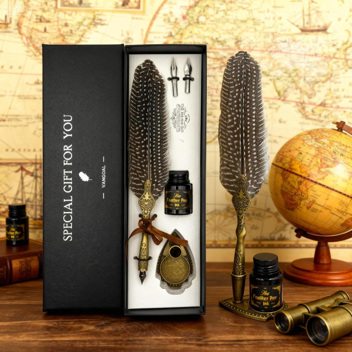 VANGOAL Vintage Feather Pen and Ink Set, Classic Series Pheasant Quill Pen with Carving Pen Stand, Calligraphy Pen Nibs, Black Dip Pen Ink, Antique Writing Gift for Writer