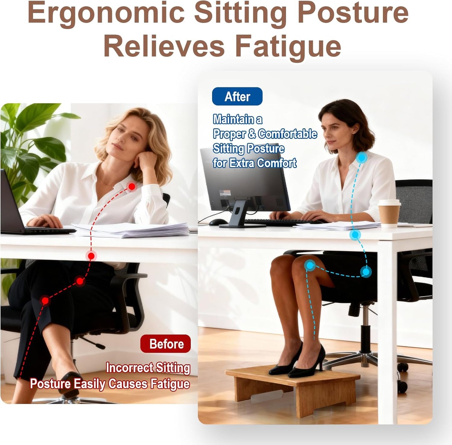 Solid Wood Under Desk Footrest Foot Rest for Under DEST at Work Ergonomic Foot Stool Improves Posture and Circulation, Chair Footrest for Leg Rests 350lbs Capacity for Home Office