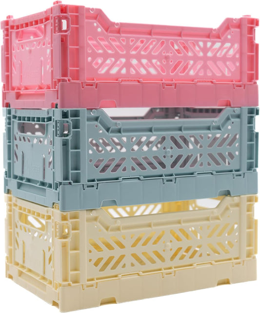 Collapsible Storage Box, Foldable Crate Organizer Bin with Handle, Stackable Crates for Home Organization (Pink-Blue-Cream, 4L - 3-Pack)
