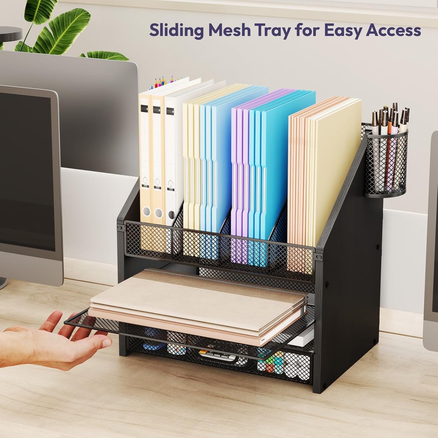 SWTYMIKI Desk Organizer with Drawers - Mesh and Wood Desk File Organizer with Pen Holders, 4-Tier Paper Organizer for Office Organizer and Accessorie, School and Home Storage, Black