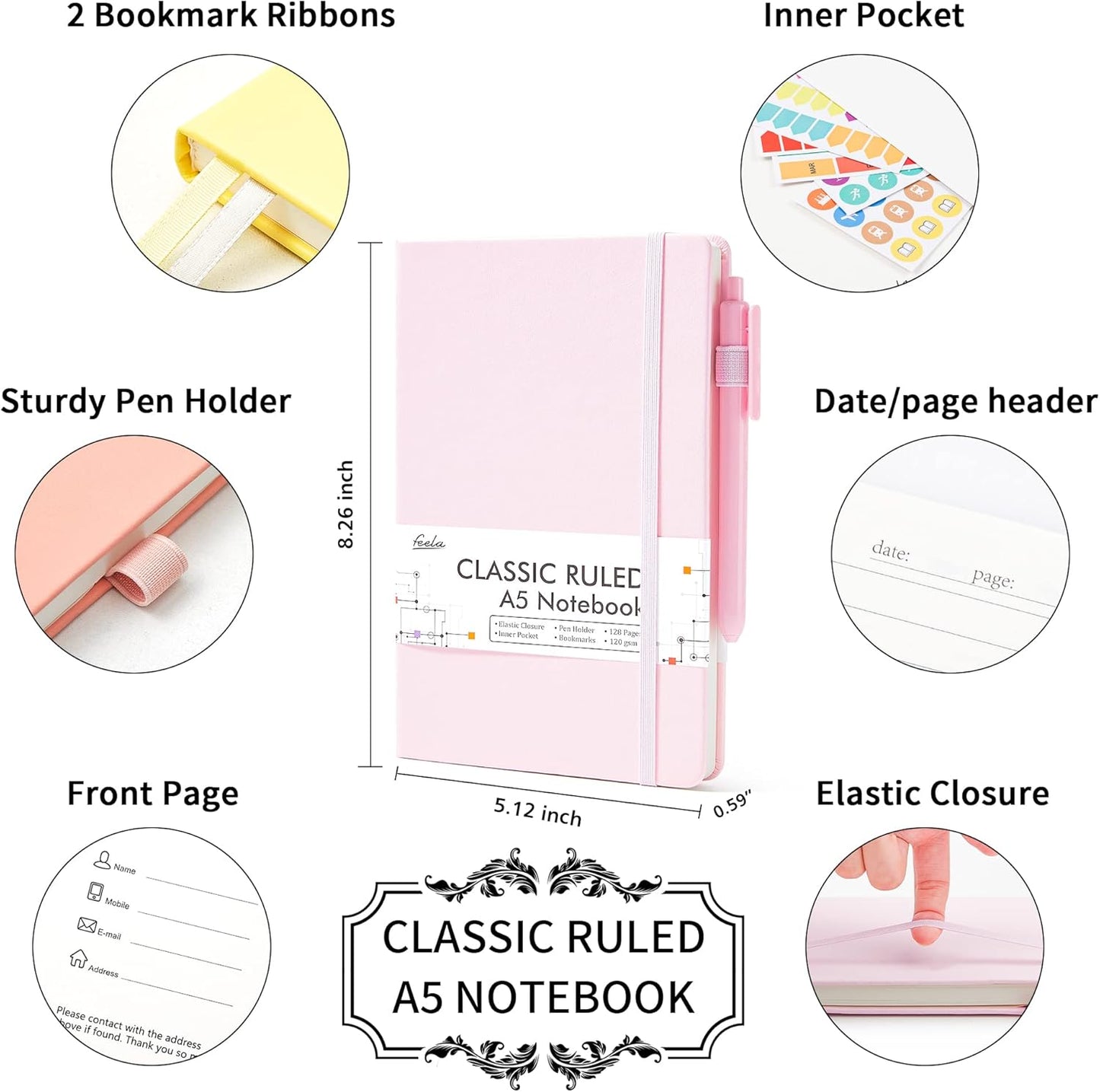 feela 3 Pack Hardcover Notebook For Women, Classic Ruled Lined Journal Set School Business Supplies, with 3 Black Pens, 120 GSM, 5.1”x8.3”, A5, Pastel Colors, Light Yellow, Light Pink, Pale Orange