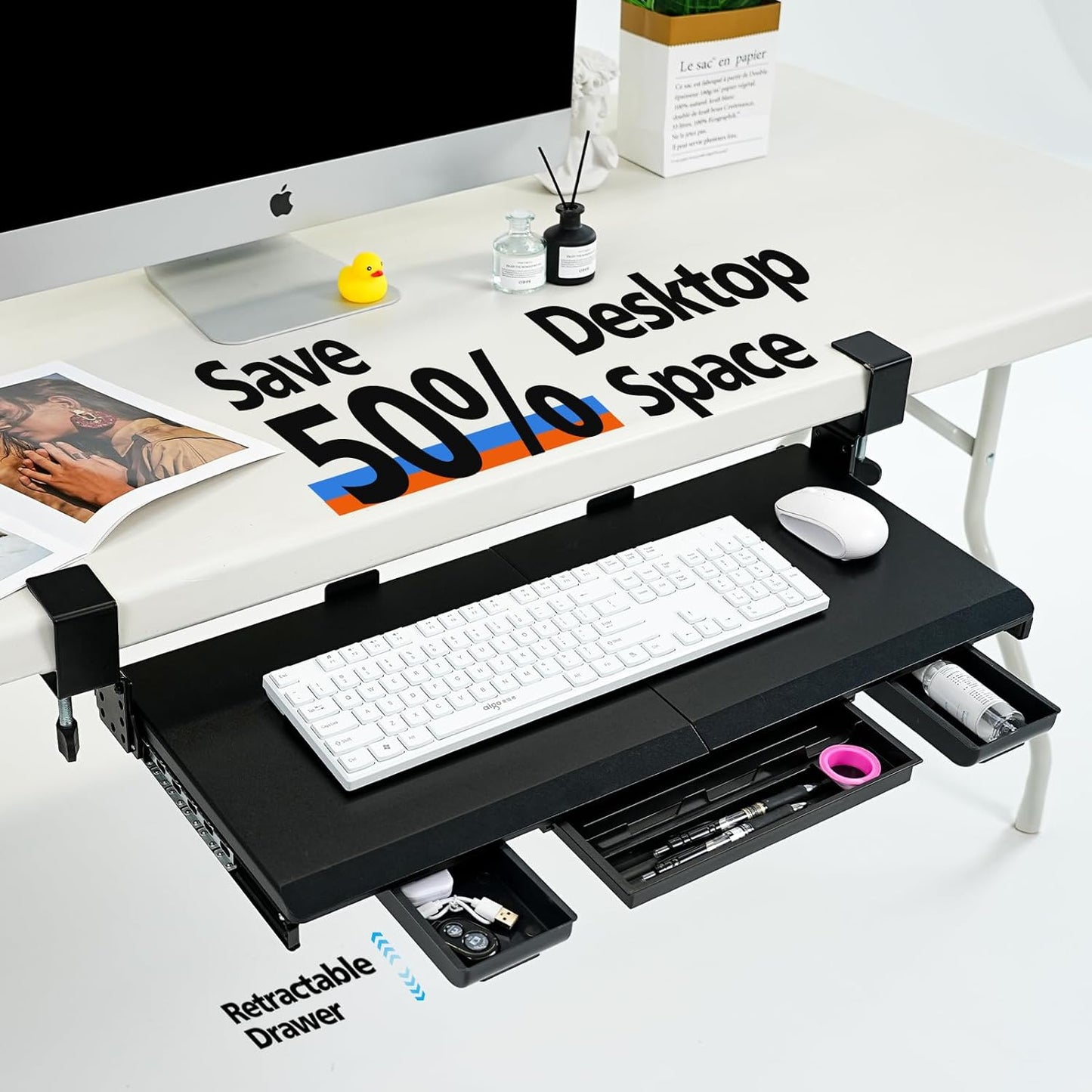 Large Height Adjustable Keyboard Tray with Sturdy C-Clamp Mount and Storage Drawer, 27"(31" Including Clamps) x 12" Slide Out Ergonomic Keyboard Trays for Home and Office, Black