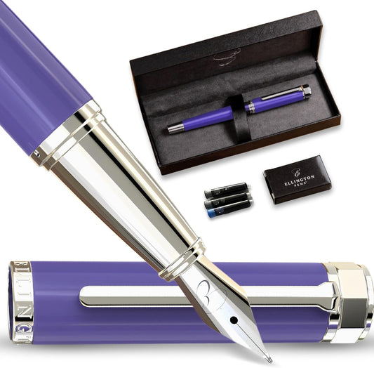 Ellington Pens Luxury Fountain Pen Set - Smooth Medium Nib - Includes 3 Ink Cartridges, Refillable Ink Converter, Gift Box - Fountain Pens For Writing, Calligraphy, Journaling, Sketching (Purple Haze)