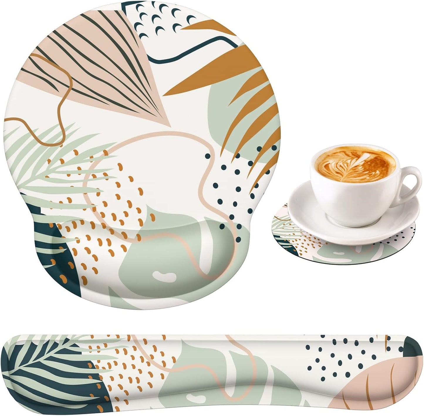 iLeadon Mouse Pad Wrist Support Keyboard Wrist Rest Set, Ergonomic Mouse Pad with Non-Slip Base for Computer Laptop Home Office + Coasters, Easy Typing & Pain Relief Mouse Mat, Tropical Plants