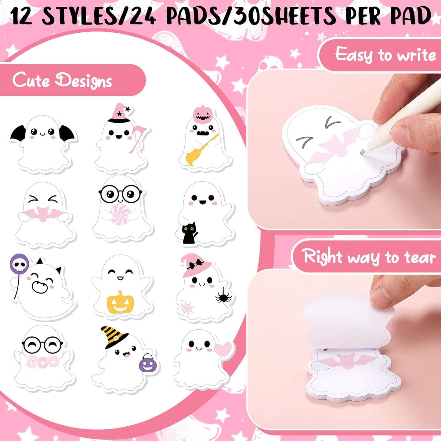 Yinder 24 Pads Cute Sticky Notes Fun Kawaii Animal Sticky Notes Pads Bulk Cartoon Memo Self Adhesive Gift for Christmas Veterinary Office School Tab Party Supplies(Ghost)
