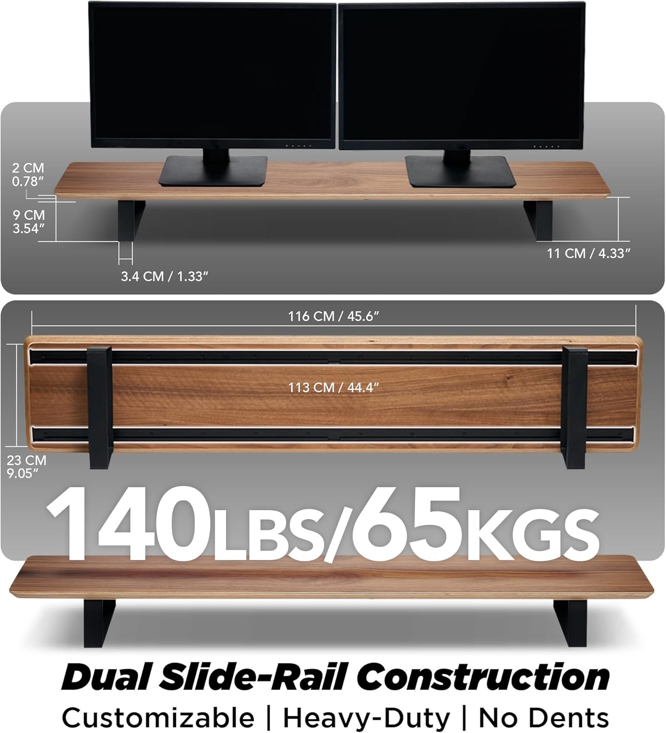 Moodular Wooden Monitor Stand 45.6” (116cm) Large Desk Organizer with Metal Slide Rails for Drawer, Tray, Laptop, Tablet, Phone & Headphones Customizable Riser for Organized Workspace Walnut