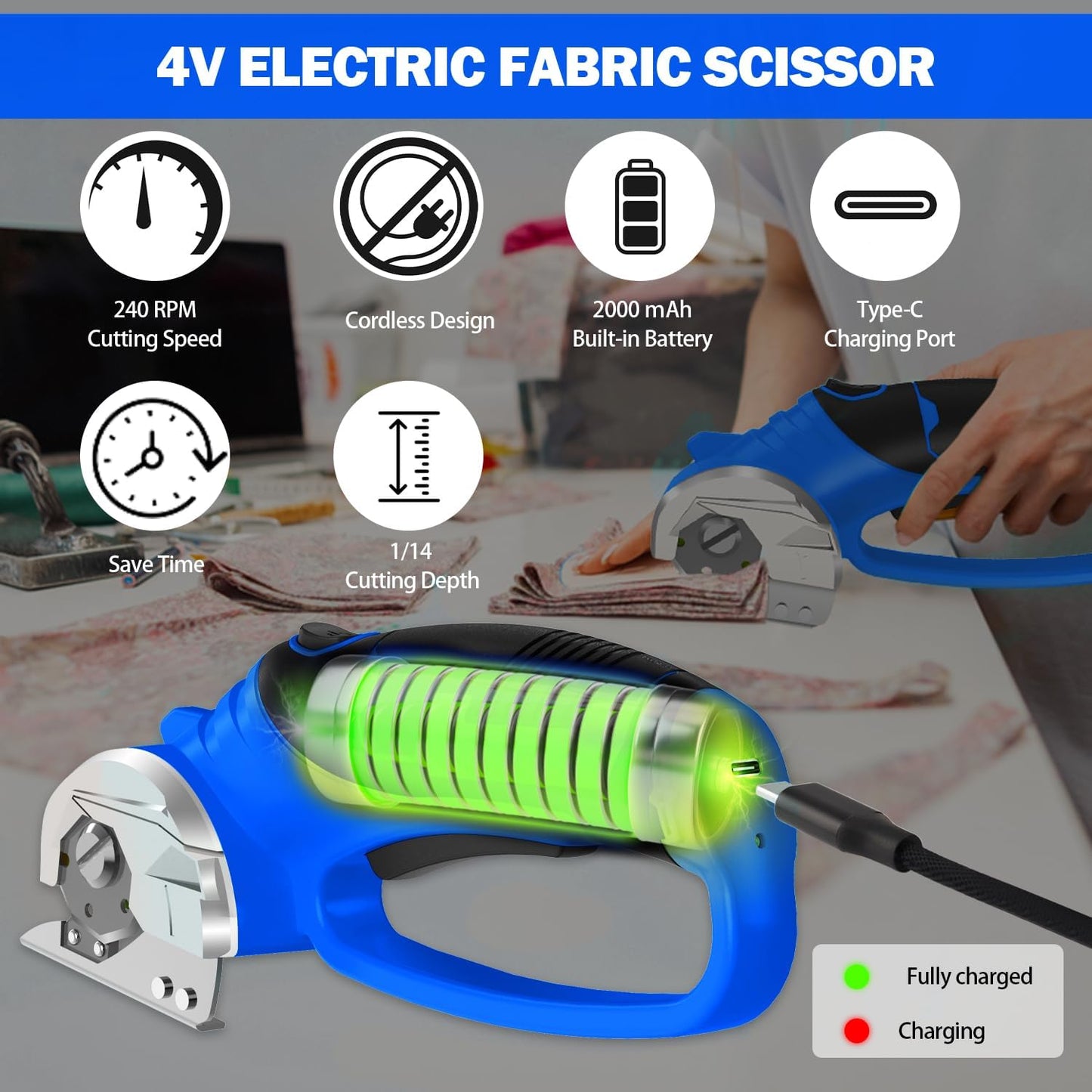 Cordless Electric Scissors, 4V Box Cutter & Cardboard Cutter with Upgrade Blade, LED Light, Safety Lock - Rechargeable Rotary Cutter for Fabric, Leather, Plastic, Sewing, Industrial (Royal Blue)