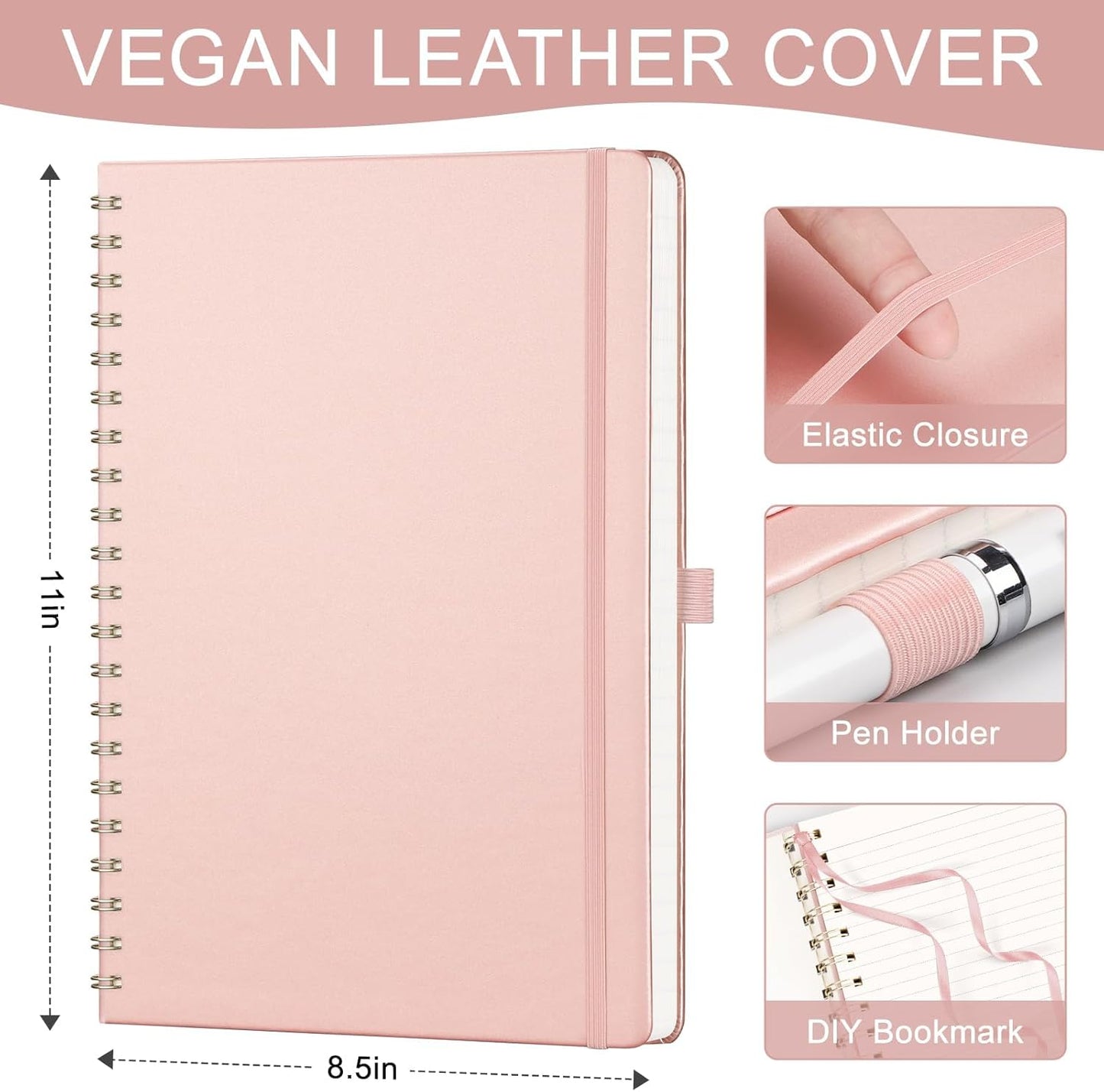 AHGXG Lined Spiral Notebook 8.5" x 11", A4 Large Notebooks for Women Men, Hardcover Leather Notebook College Ruled, 100 GSM Thick Paper, Notebooks for Work School Note Taking Writing, Rose Gold