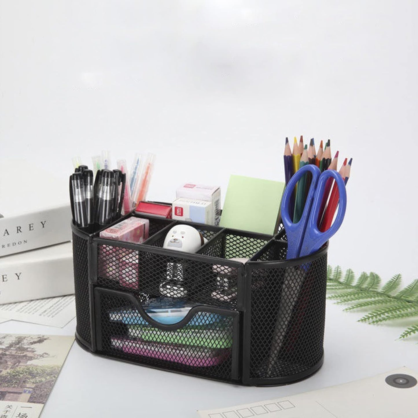 Desk Organizer Mesh Desktop Office Supplies Multi-functional Caddy Pen Holder Stationery with 8 Compartments and 1 Drawer for Office, Home, School, Classroom (Black)