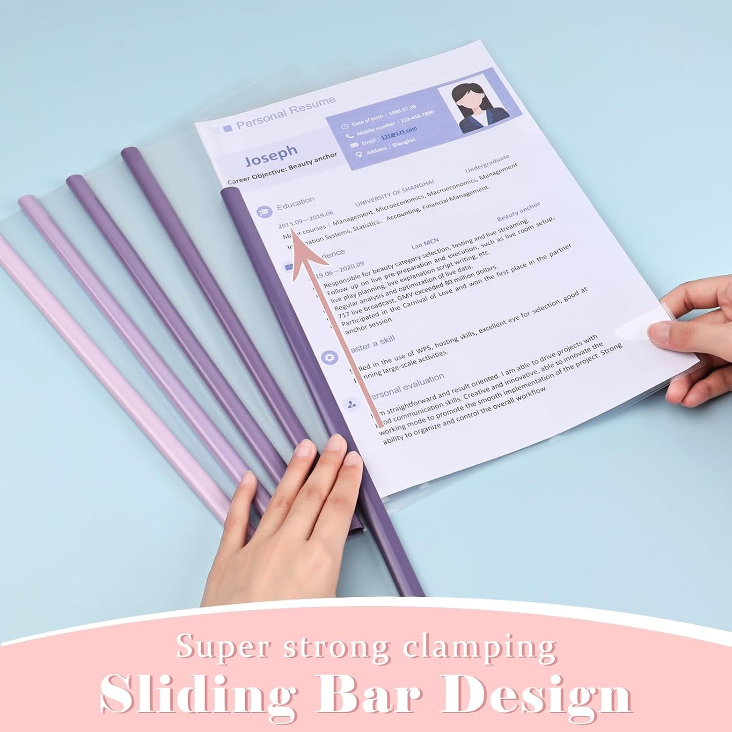 BAYTORY 10 Pack Clear Report Covers with Sliding Bar, Project Folders for A4 and Letter Size Paper, Resume Folder Presentation Binder for School Business, 60 Sheet Capacity/Pack (Purple)