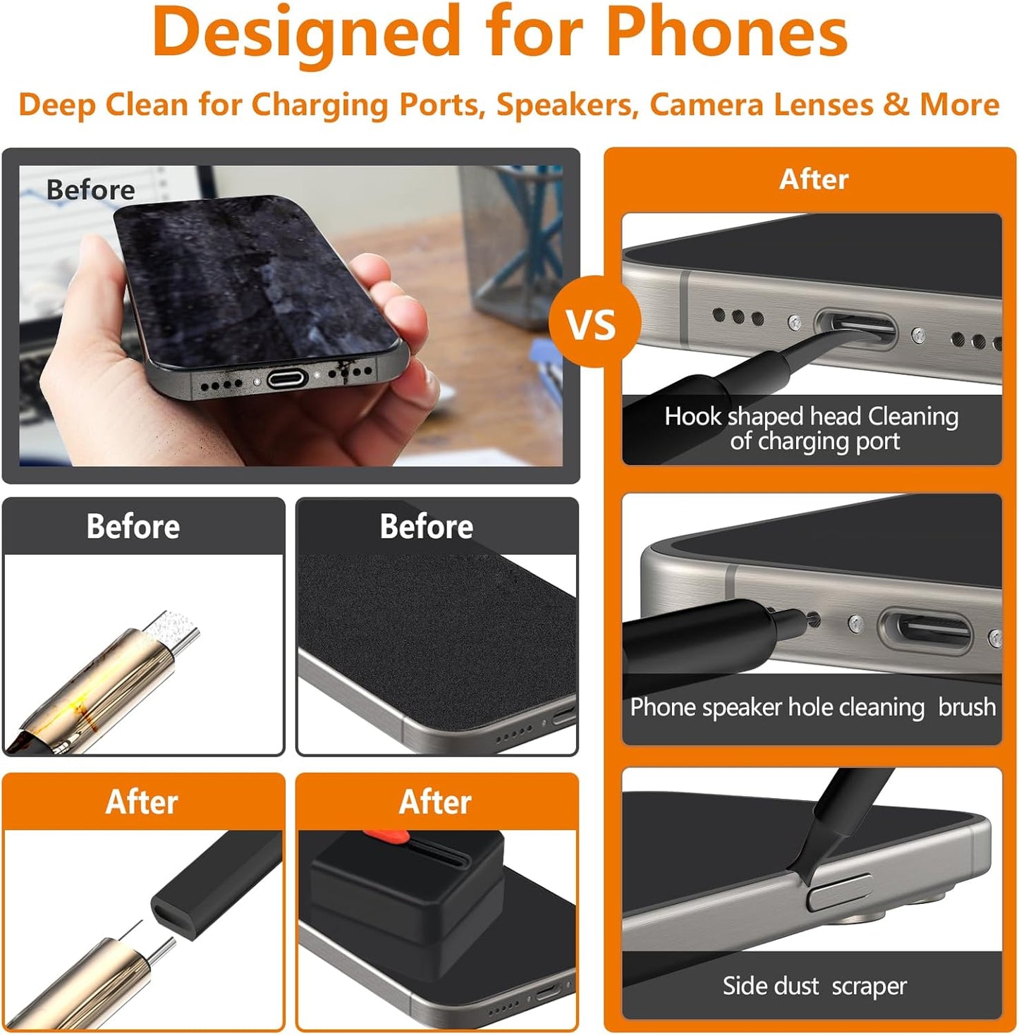 Cell Phone Cleaning Kit, iPhone Cleaning Kit for Charging Port Cleaner Keyboard Cleaning Kit for Airpods/Android/USB C/Earbuds/Laptop/iPad/Camera Lens with Stylus Pen (Black (with Putty and Cloth))