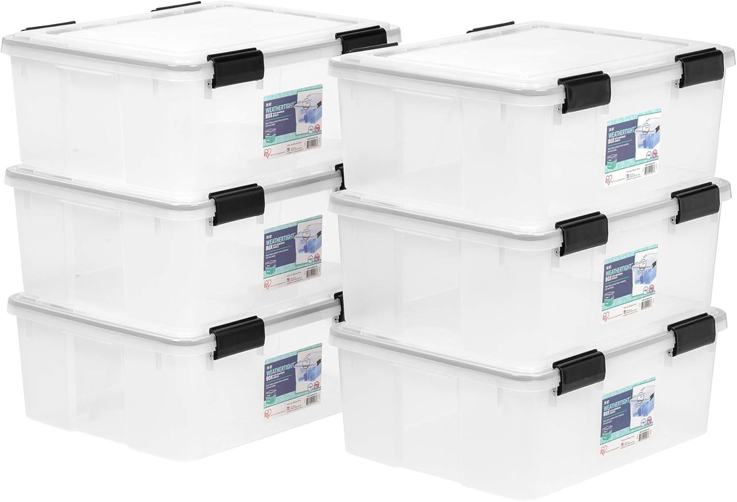 IRIS USA 30.6 Quart WEATHERPRO Plastic Storage Box with Durable Lid and Seal and Secure Latching Buckles, 6 Pack, Weathertight, Keep Pest Dust and Moisture Out, for Oversized Bulky Items, Clear/Black