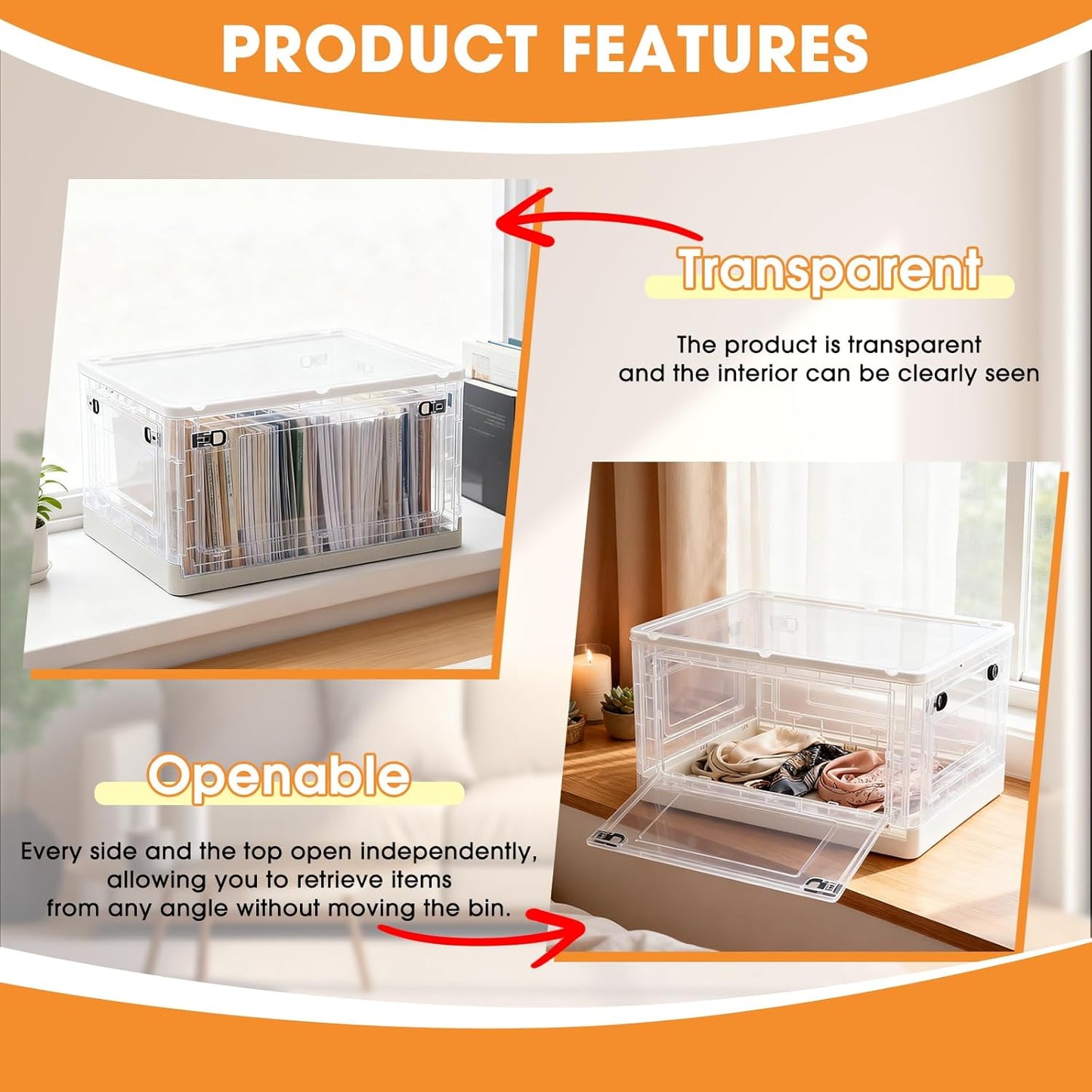 MGWILL 72 Quart Plastic Storage Bins with Lids & Wheels, Stackable Closet Organizers and Storage 5 Doors, Large Collapsible Storage Boxes, Foldable Clear Storage Containers