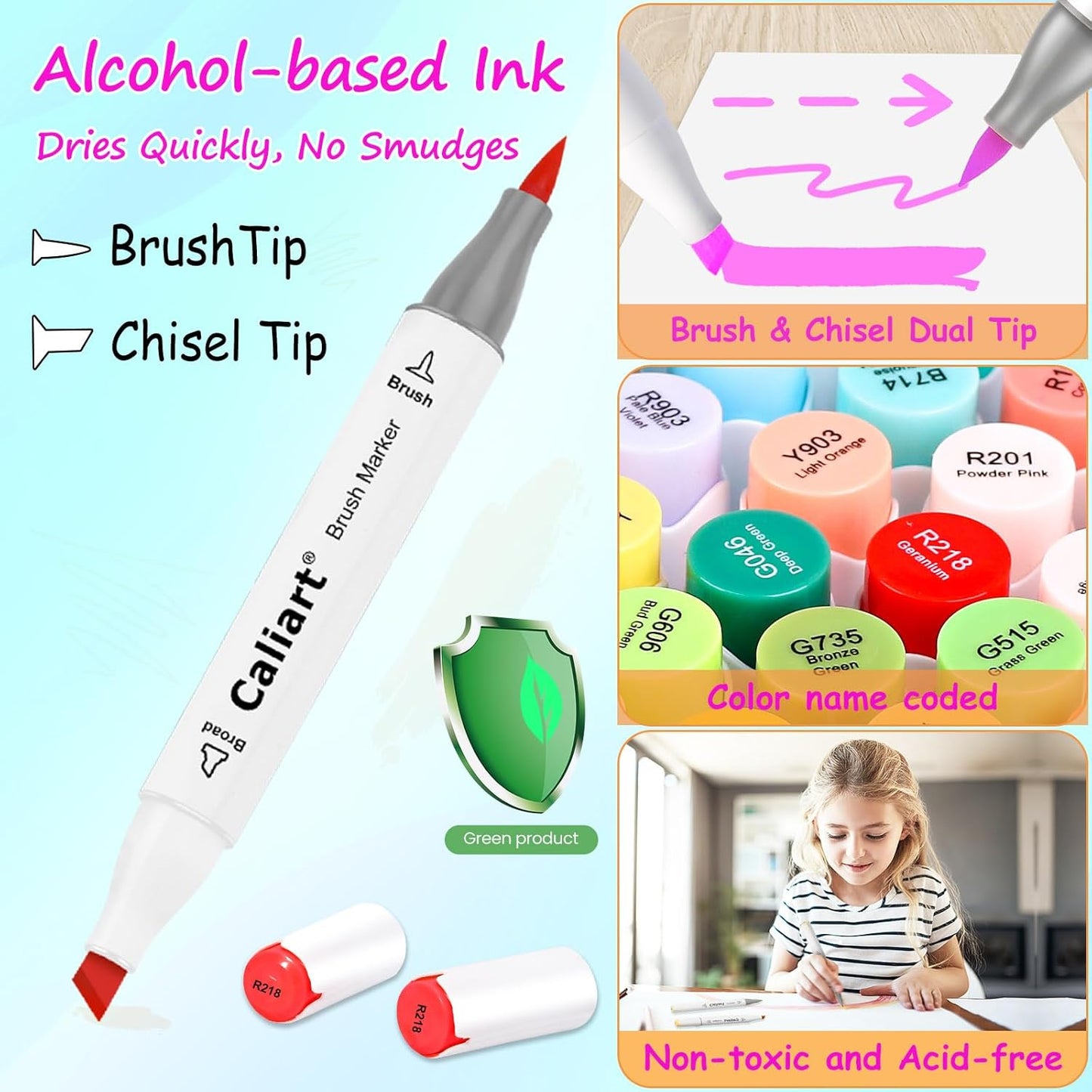 Caliart 121 Colors Alcohol Markers Brush Tip, Dual Tip Artists Coloring Markers Set Brush & Chisel, Permanent Alcohol Based Colored Sketch Pens, Art Supplies Gifts for Adults Illustration Drawing