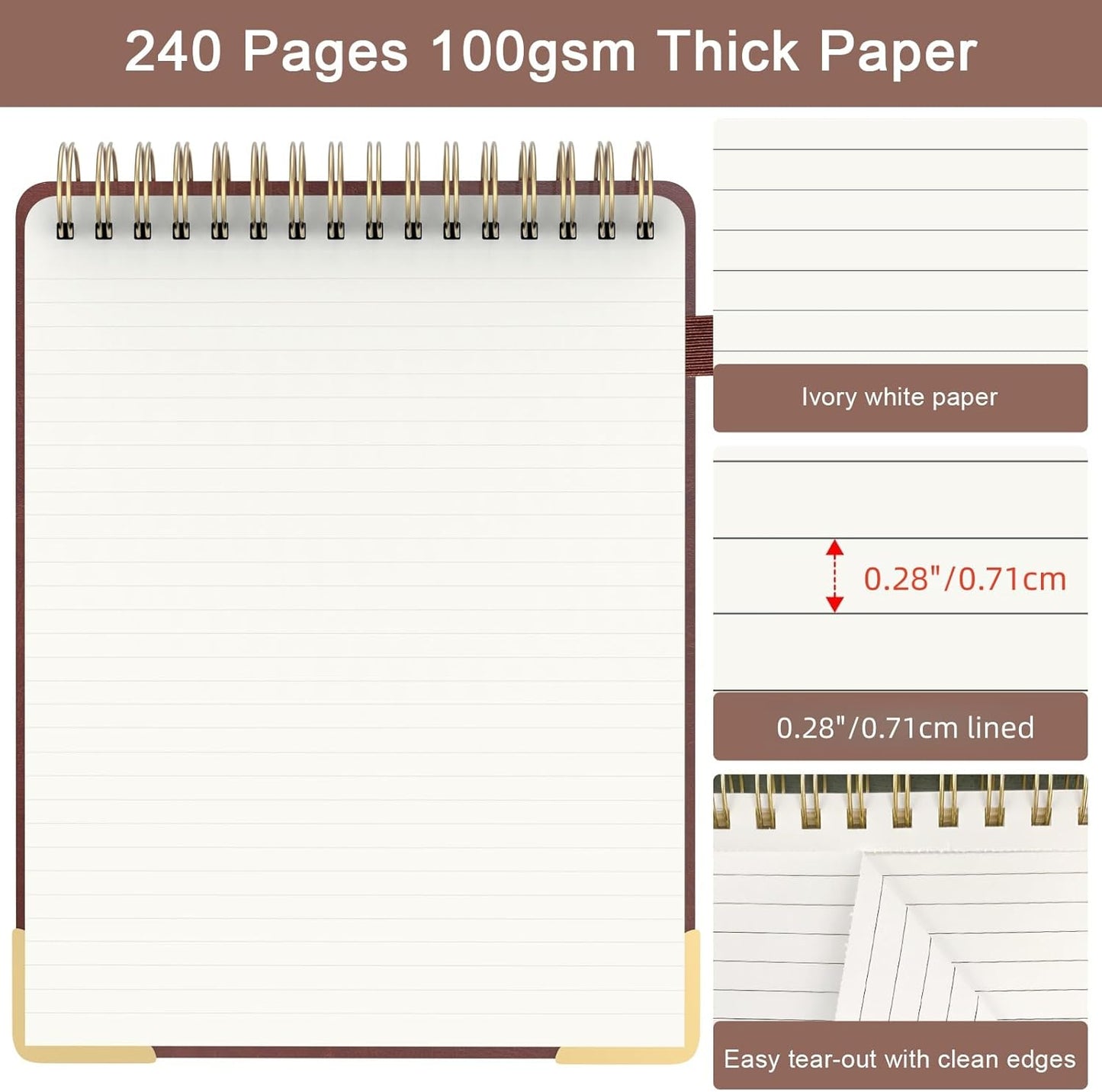 Aesthetic Top Spiral Notebook, A4 Large Linen Hardcover Top Bound Steno Pads, 240 Pages 100gsm Thick Lined Paper Left Handed Notebook Journal for Work, School, Church Writing - Brown, 8.5" x 11"