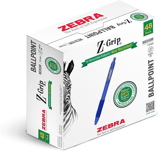 Zebra Pen Z-Grip Recycled Retractable Ballpoint Pens, 1.0mm, Blue Ink, Durable Metal Clip, 68% Recycled (GRS Certified; Global Recycled Standards), 48-Pack (20428)