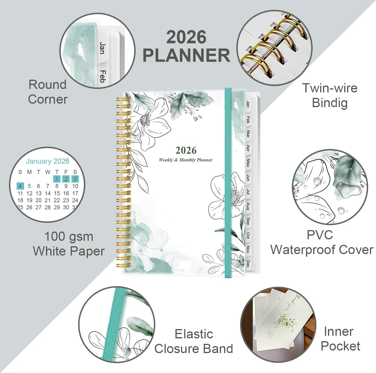 Planner 2026 - A5 Weekly & Monthly Planner Spiral Bound, January 2026 to December 2026, Planners 2026 with Flexible Cover, Tabs, Inner Pocket, 6.4" x 8.5", Teal Flowers