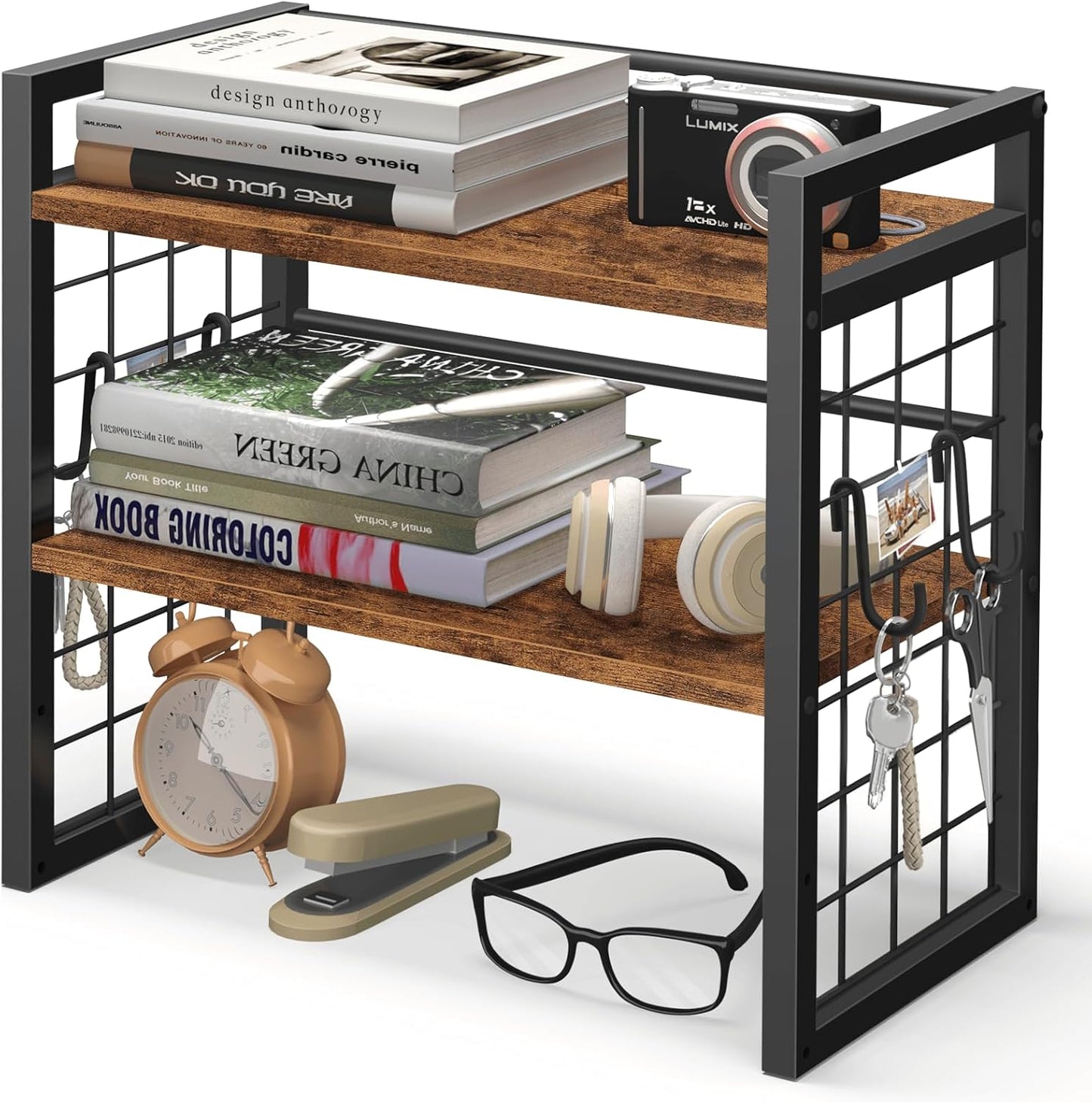 ELITEROO Desktop Shelf Organizer, 2 Tier Wood Desk Bookshelf, Desk Top Storage Rack for Office, Dorm, or Bedroom Decor, Small Tabletop Shelf for Books, Plants & Accessories, Rustic Brown