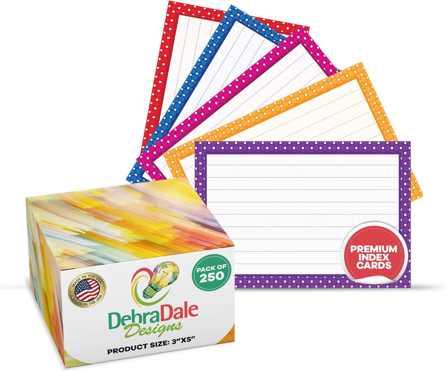 "Dot Delight" 250-Pack Ruled Index Cards - 3"x5" - 140# Premium Cardstock - Joyfully Boxed - Made in USA