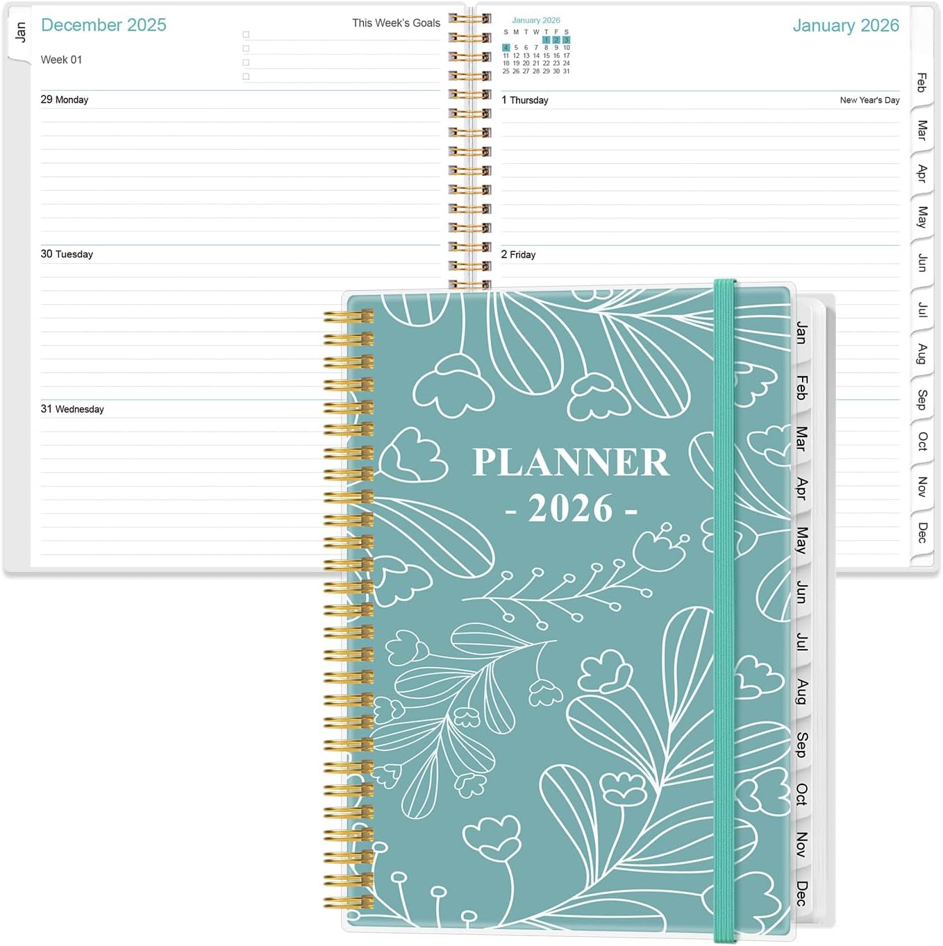2026 Planner - 8.5" x 11" Weekly Monthly Planner from January 2026 to December 2026, Planners 2026 with 12 Monthly Tabs, Inner Pocket, Elastic Closure, Teal Leaf