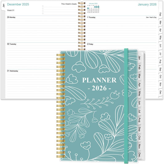 2026 Planner - 8.5" x 11" Weekly Monthly Planner from January 2026 to December 2026, Planners 2026 with 12 Monthly Tabs, Inner Pocket, Elastic Closure, Teal Leaf