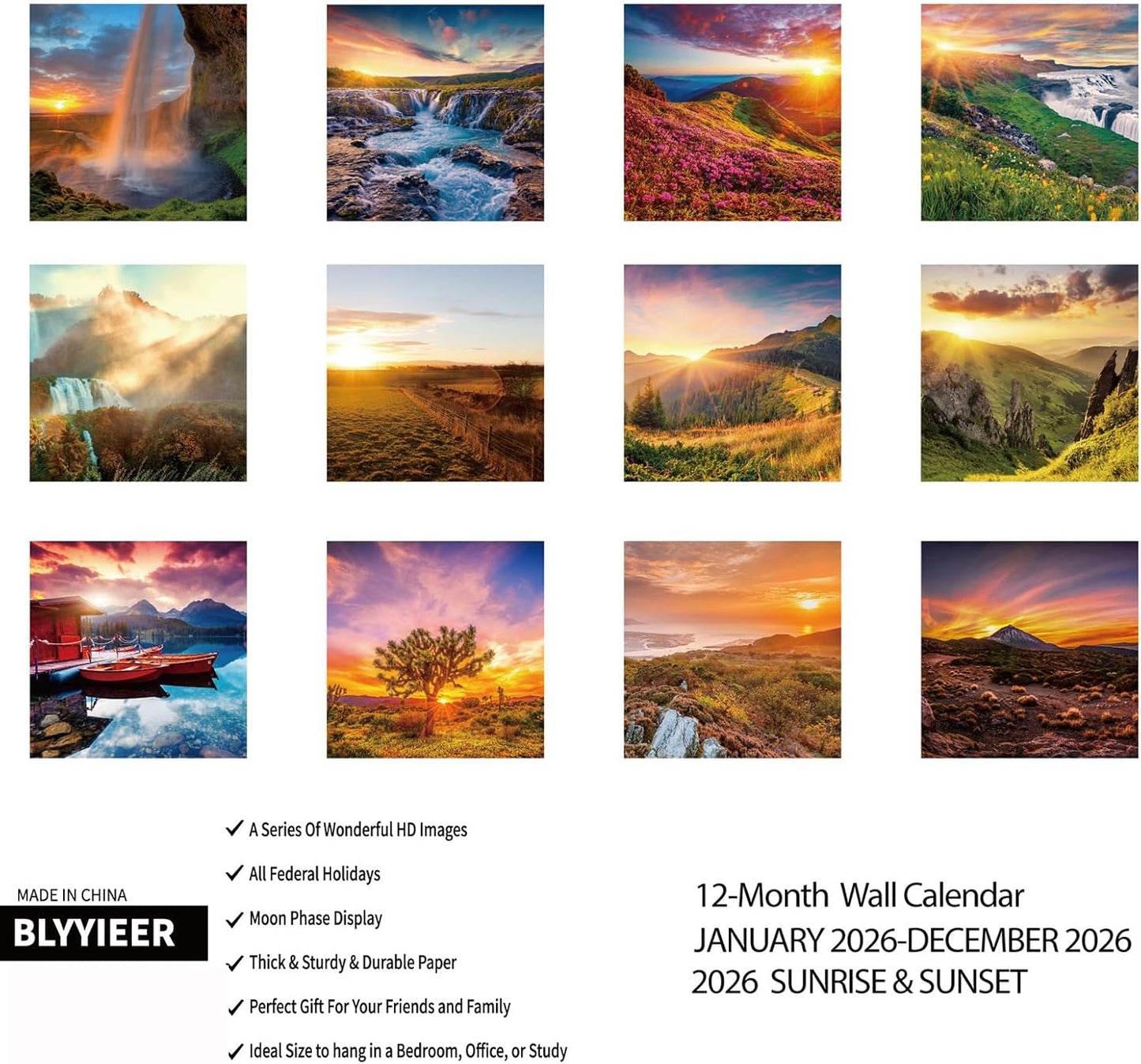 2026 Wall Calendar, Sunrise or Sunset Wall Calendars,2026 Monthly Calendars, Thick Glossy Paper, Organizing & Planning