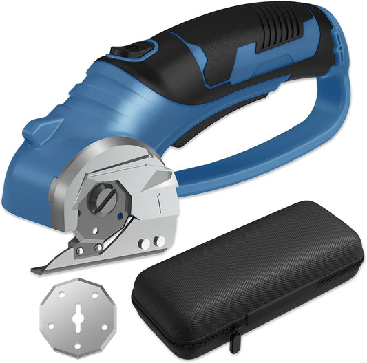 Cordless Electric Scissors, 4V Box Cutter & Cardboard Cutter with 2 Titanium Blades - Rotary Cutter with LED Light for Fabric, Leather, Carpet, Plastic, Crafting + Storage Case (Steel Blue)