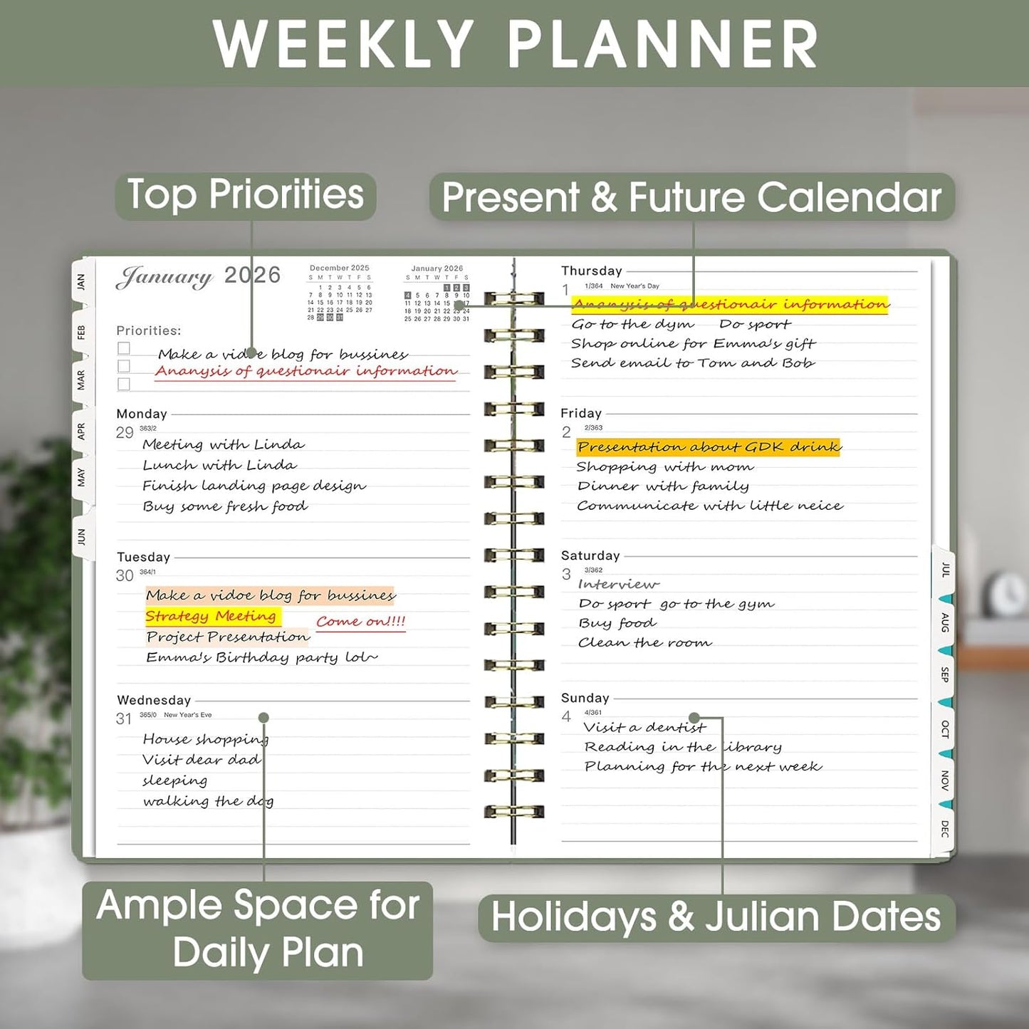 Ymumuda Academic Planner 2026, Daily Weekly and Monthly Calendar Planner (Jan. 2026-Dec. 2026),8.4"×6.3", Hardcover Notebook Teacher Supplies, Premium Thick Paper, Planners for School Work Office