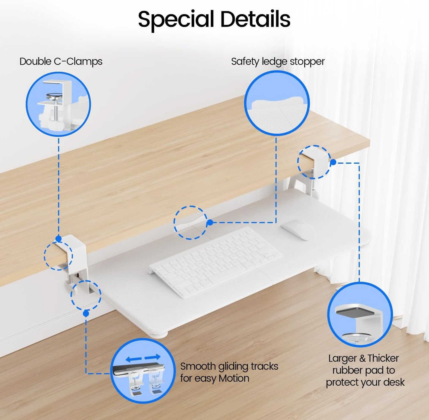 NearHub Large Keyboard Tray Under Desk Slide Out with Extra Sturdy C Clamp Mount System,26'' (30'' including Clamps) x11 Slide-Out Keyboard Drawer Under Desk for Typing,Keyboard Mouse Tray,White