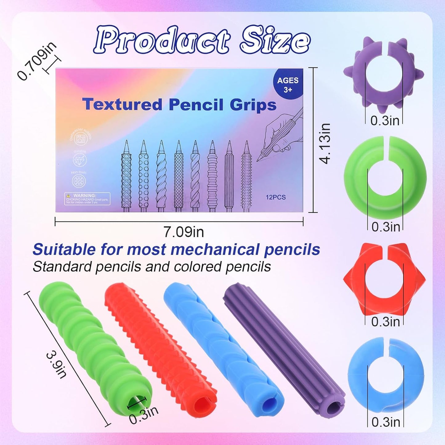 12 Pack Textured Silicone Pencil Grip for Adults Fidget Sensory Toys as ADHD Anxiety Focus Relief Tool Classroom Handwriting Pencil Sleeve Christmas Stocking Stuffers Gifts (Classic)
