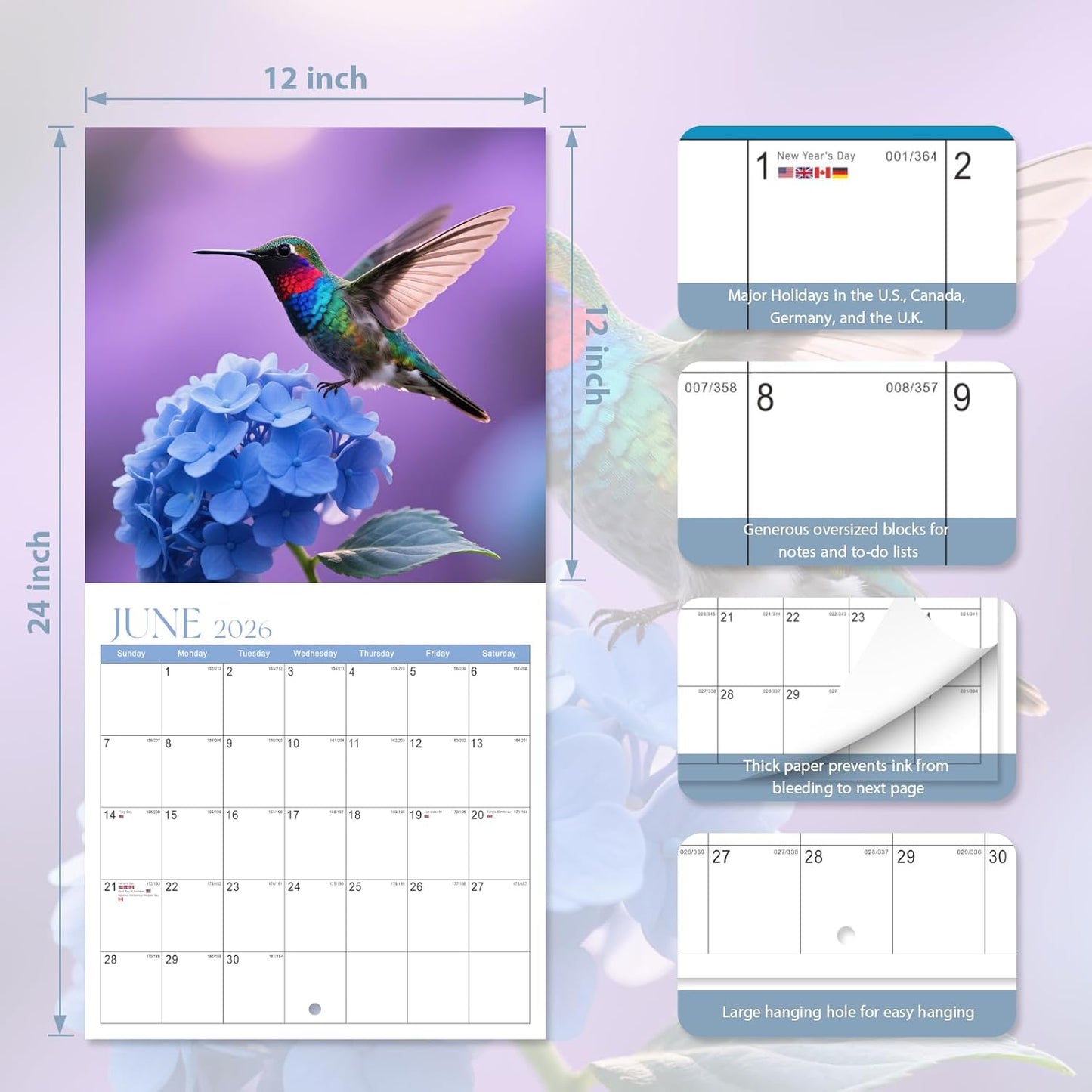 2026 Wall Calendar, Large Monthly Wall Calendar Dogs, Jan 2026 - Dec 2026, 12" x 24" (Opened), Hanging Planning Calendars for Family Home Office Supplies