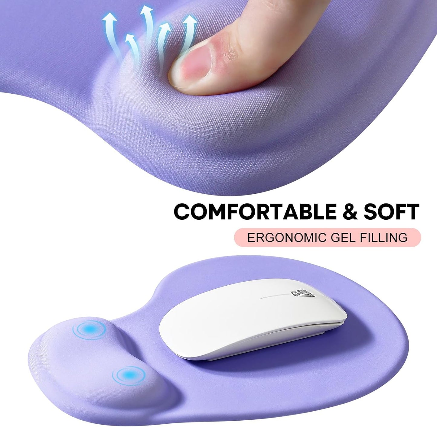 JIKIOU Mouse Pad, 2 Pack Ergonomic Mouse Pads with Comfortable Gel Wrist Rest Support and Smooth Cloth, Non-Slip PU Base for Easy Typing Pain Relief Durable and Easy to Clean Small Purple
