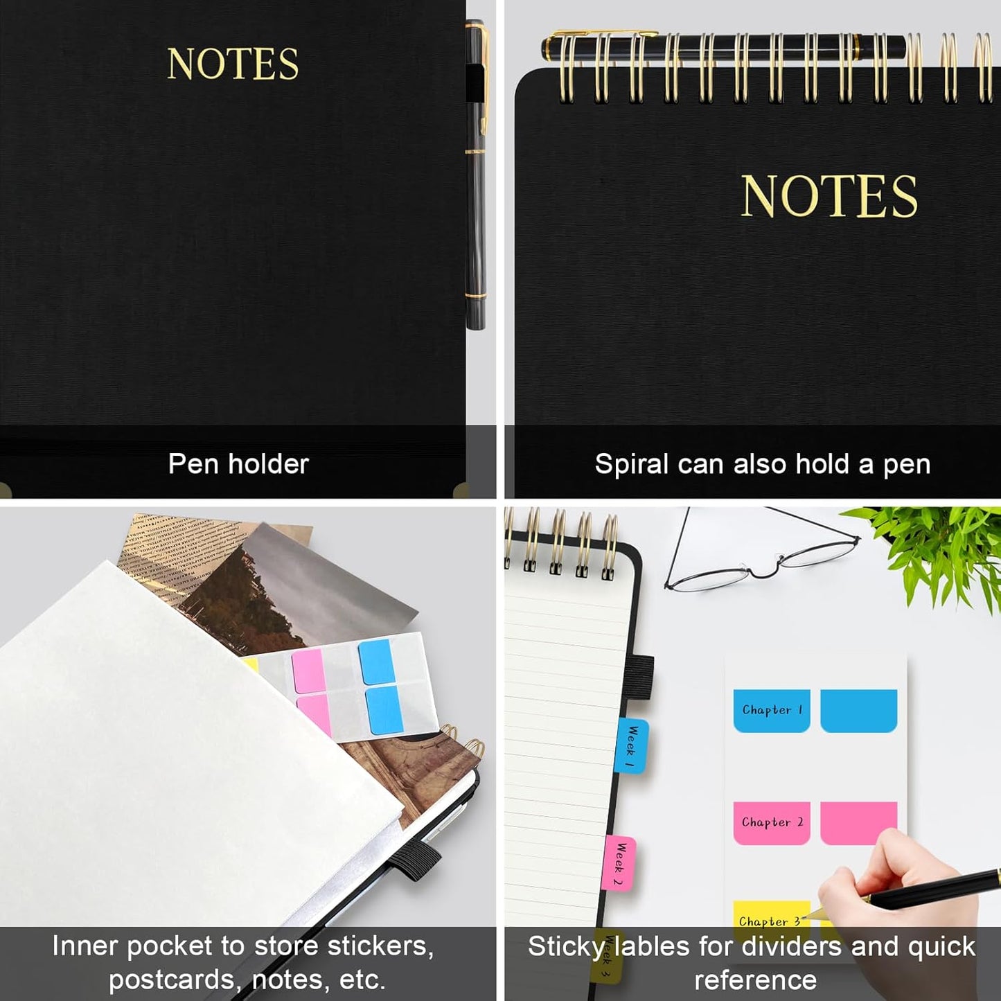 Aesthetic Top Spiral Notebook, A4 Large Linen Hardcover Top Bound Steno Pads, 240 Pages 100gsm Thick Lined Paper Left Handed Notebook Journal for Work, School, Church Writing - Black, 8.5" x 11"