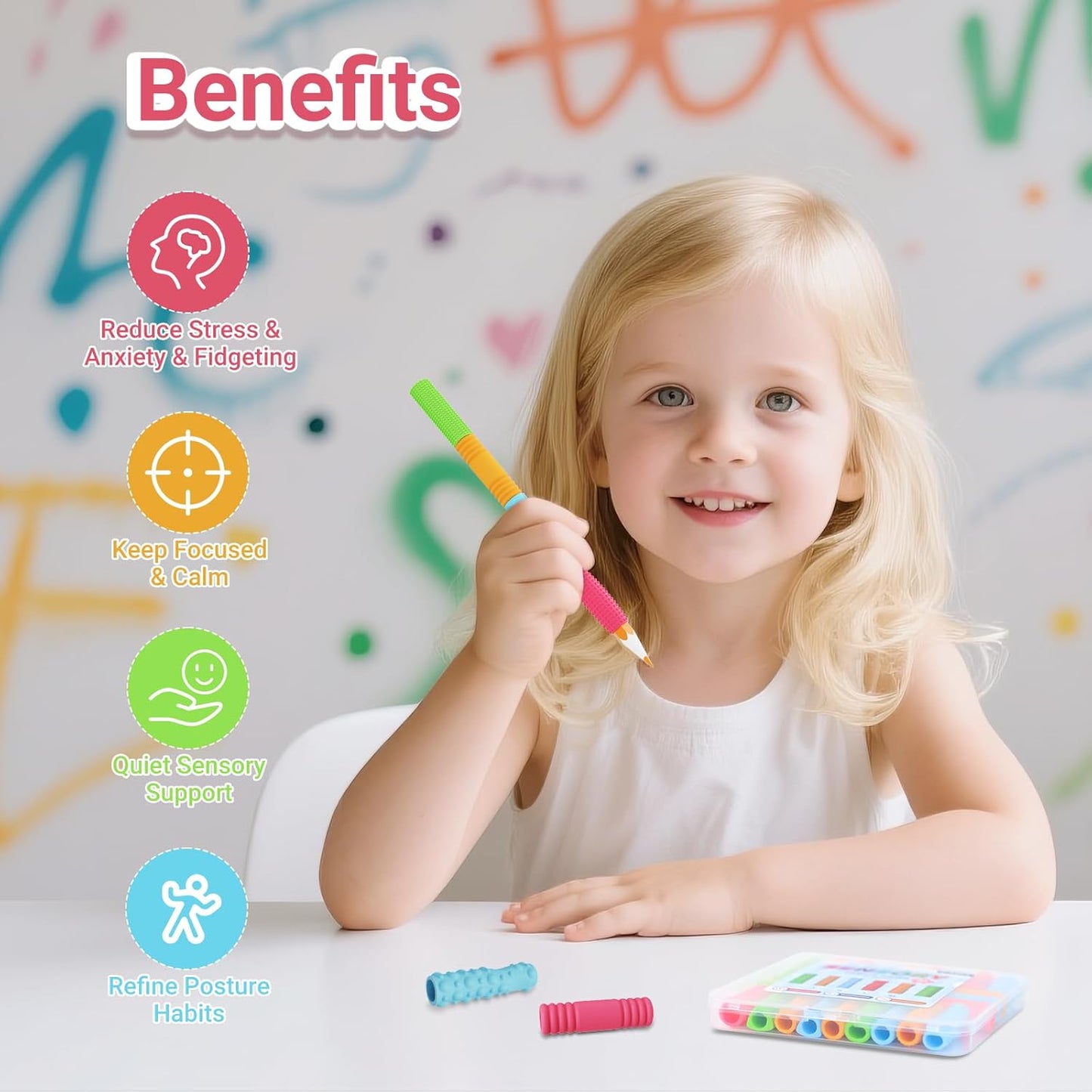 Sensory Textured Pencil Grips Fidget Toys, 24 Pack Four Sizes Silicone Pencil Grips for Kids Adults with Autism & ADHD Anxiety Relief, Quiet Handwriting Pencils Sleeve for Classroom School Office