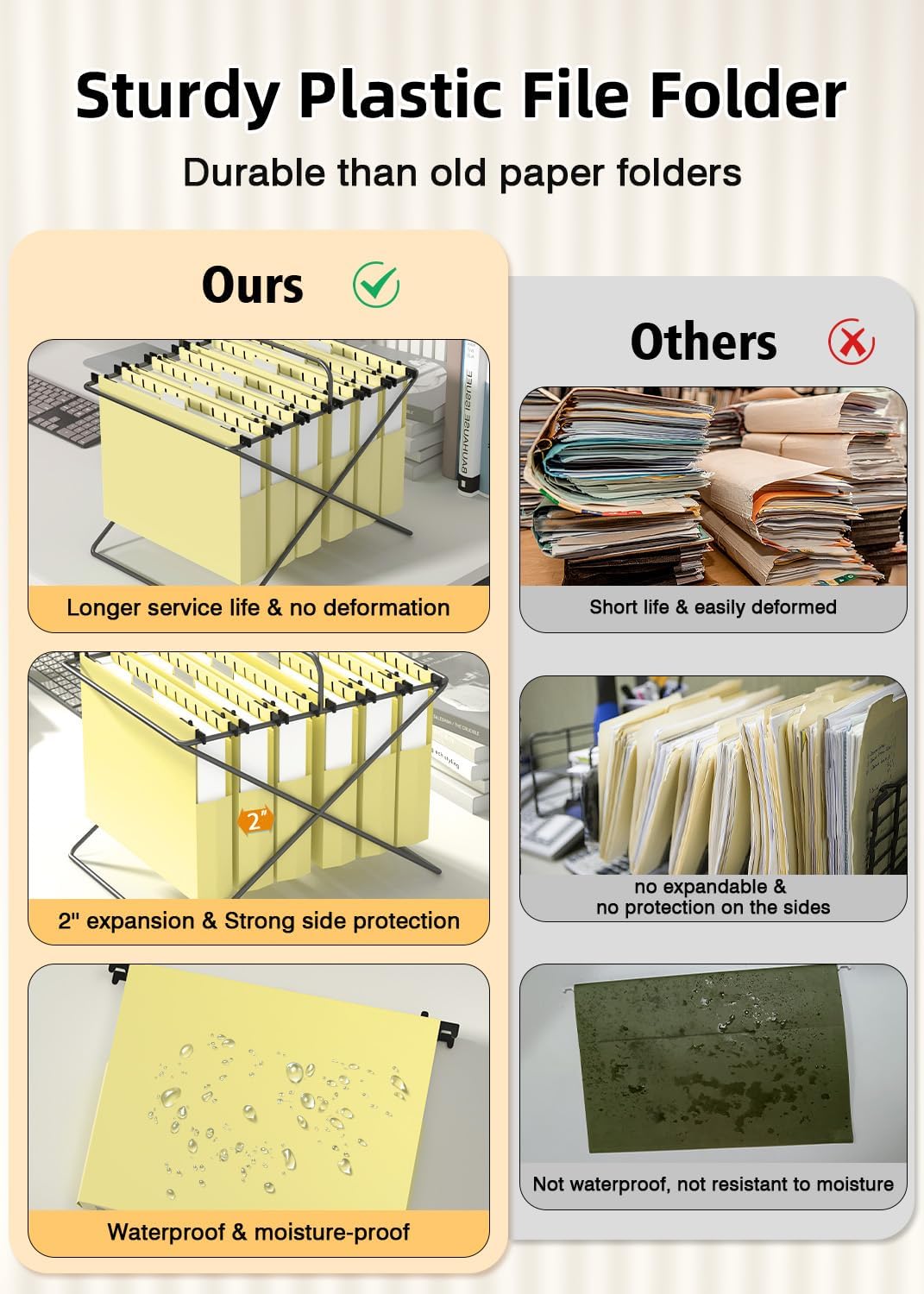 Extra Capacity Plastic Hanging File Folders,12 Pack Reinforced Hang Folder, Heavy Duty File Folders for Filing Cabinet for Bulk Files/Medical Charts, File Folders & Accessories(Cream Yellow)