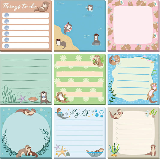 9 Pads Otter Sticky Notes 3x3 Inch Cute Self Stick Notepads Notes Adhesive Memo Pad Office Decor Gifts for Students School Teacher Meeting Office Supplies