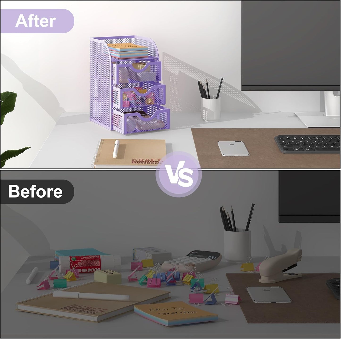 EasyPAG Mesh Desk Organizer with 3 Drawer Office Desktop Organizers and Accessories Stationery Caddy for Office, Home, Students, Purple