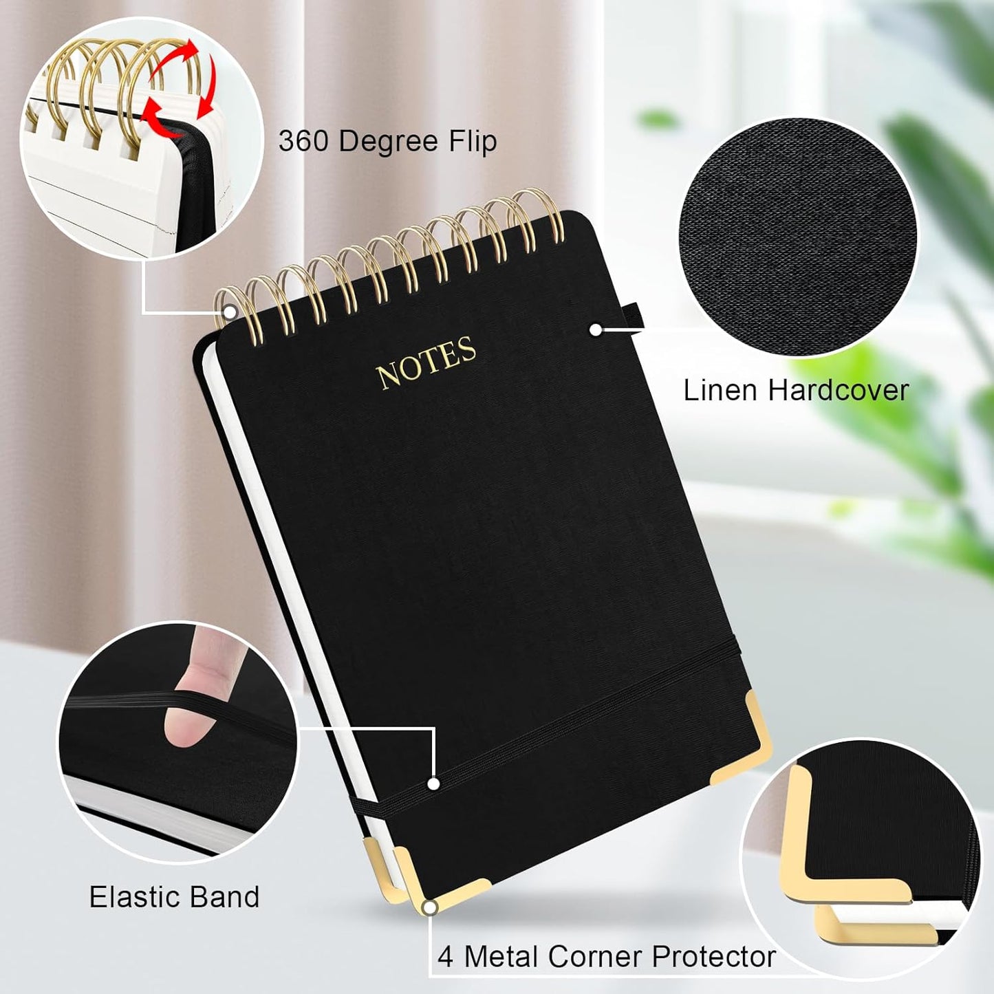 Aesthetic Top Spiral Notebook, A5 Linen Hardcover Top Bound Steno Pads, 240 Pages 100gsm Thick Lined Paper Left Handed Notebook Journal for Work, School, Church Writing - Black, 5.9" x 8.5"