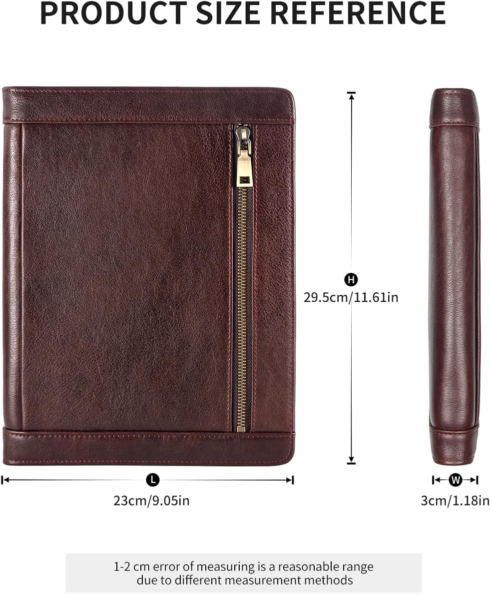 Augus Genuine Leather Portfolio with Zipper for Men/Women, Padfolio Business Resume A4/Pad, Folder Organizer, with Document Pocket, ID Window, Card Slots, Pen Holders (Brownish Red)