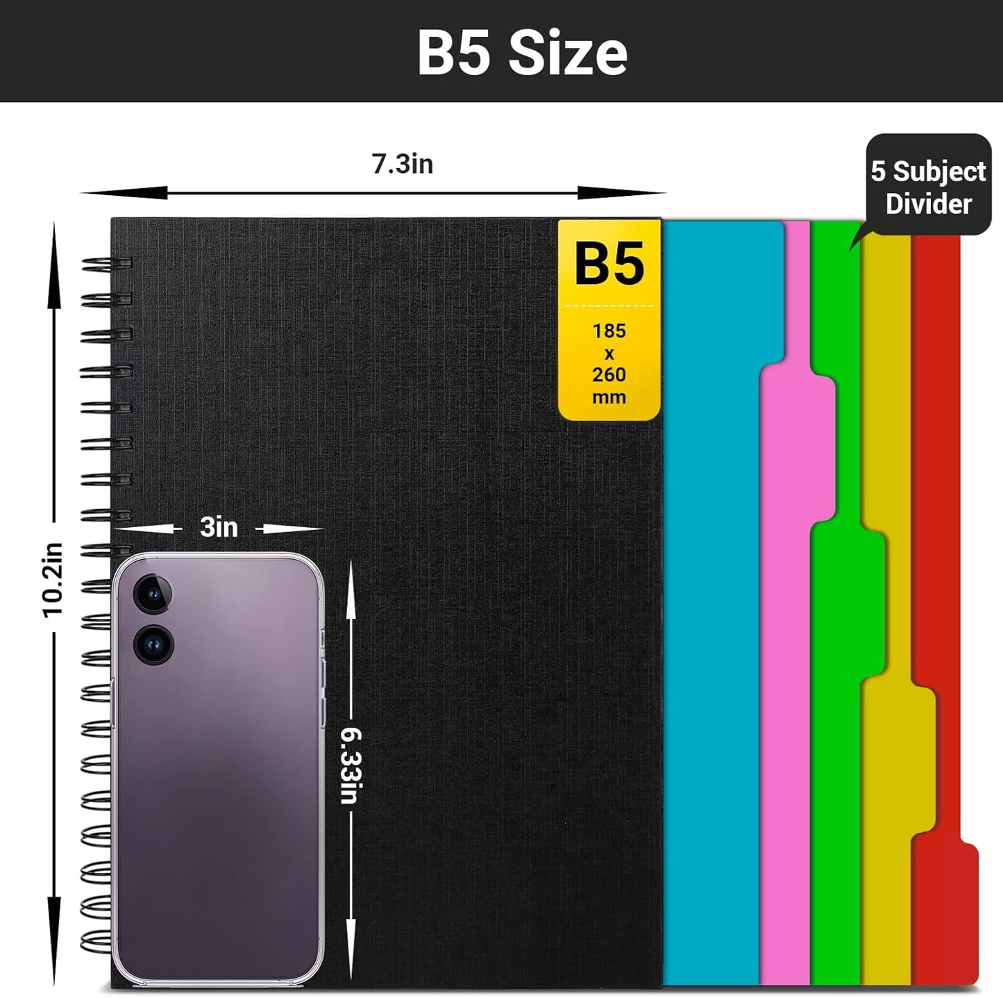 EUSOAR Spiral Notebook College Ruled, 3pcs B5 7.3"x10.2" Hardcover, 5 Subject with Dividers, Thick 100GSM Lined Paper, 120Sheets/ 240Pages, Notebooks Set for Writing, Sketching and Note Taking