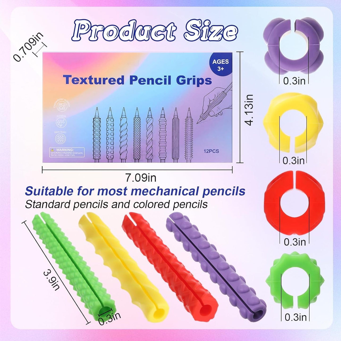 12 Pack Textured Silicone Pencil Grip for Adults Fidget Sensory Toys as ADHD Anxiety Focus Relief Tool Classroom Handwriting Pencil Sleeve Christmas Stocking Stuffers Gifts(Novelty)