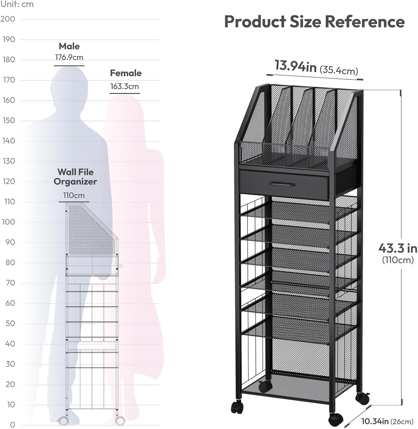 SWTYMIKI 9-Tier Rolling File Cart - Paper Organizer with Drawer and Trays, Wood Desk Office Organizer, Office Organization and Binder Storage for Workspace, Home, School, Black